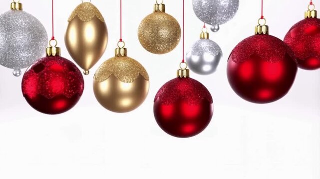 A clean, elegant animation of Christmas baubles decorations on a pure white background. Glossy red, gold, silver, and green ornaments hang and gently sway from thin strings, softly rotating