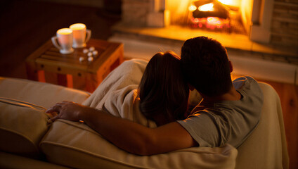Obraz premium 14 february, valentines day love romance Romantic couple cuddling on a sofa in front of a warm fireplace on a cold evening sharing a moment of intimacy