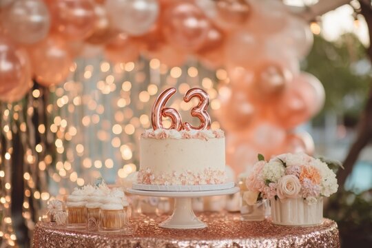 Elegant 63rd Birthday Cake with Flowers and Balloons Decoration
