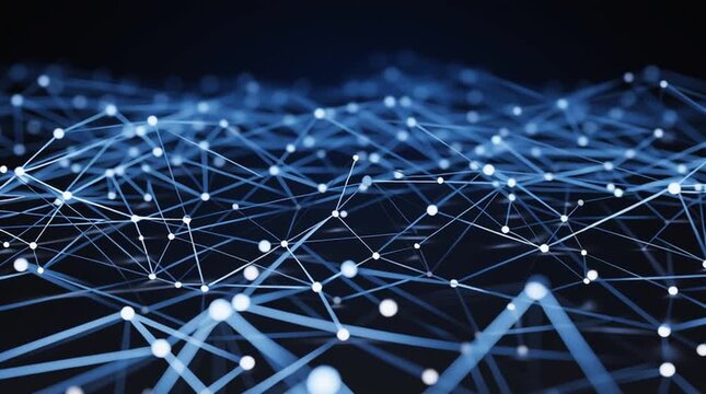 nodes. Abstract network of connected nodes and flowing lines in blue and silver on a dark background. STEM education sheets.