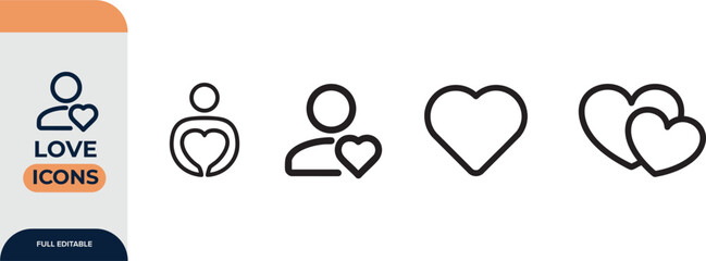 Love, heart, friendship, care and charity concept editable stroke outline icons set isolated on white background flat vector illustration.