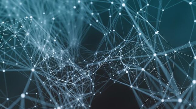 nodes. Abstract network of connected nodes and flowing lines in blue and silver on a dark background. STEM education sheets.