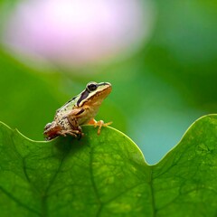Obraz premium Tiny frog perched upon a verdant leaf with soft background colors creates a serene and peaceful natural scene