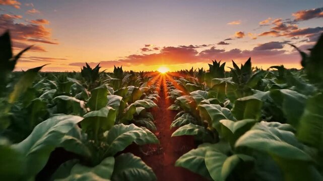 Lush tobacco plantation featuring rows of vibrant green leaves under a golden sunset sky showcasing rural farming and agricultural cultivation in a fertile scenic countryside field environment