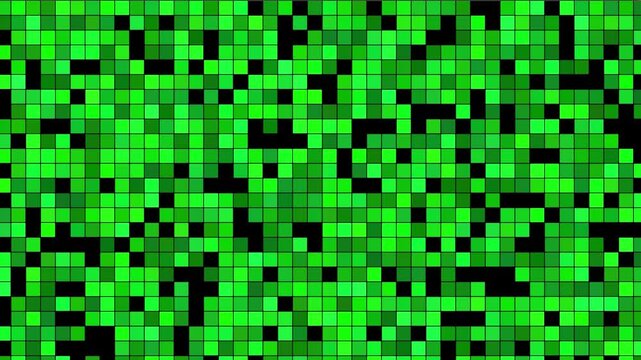 Vibrant green pixelated pattern fills the entire frame with black accents.
