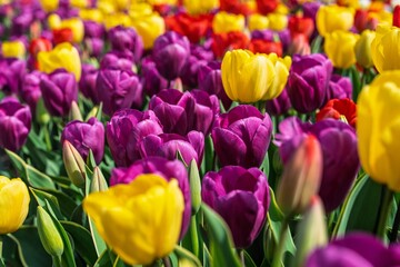 Obraz premium Experience the vibrant tulip fields of the Netherlands, showcasing a stunning array of colors. Perfect for spring themes, tourism, and gardening campaigns. A true floral delight.