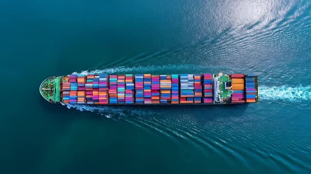Aerial view of cargo ship with multicolored containers traveling through calm blue waters on a clear day