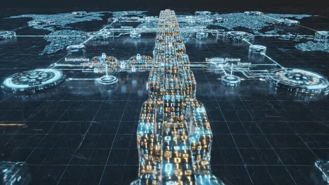 Sophisticated digital blockchain concept illustrating financial data security within a complex network infrastructure featuring glowing interconnected links and high definition graphic visuals.