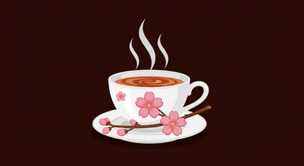 Obraz premium Steaming cup of coffee with cherry blossoms on saucer and dark brown background perfect for relaxation and morning routines