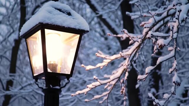 Snow-covered lamp post glows warmly in a winter park, branches outlined with snow in the background
