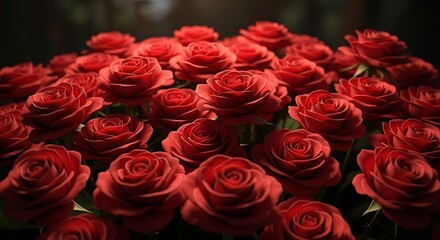 Fototapeta premium Vibrant red roses bouquet close-up in dark background romantic floral arrangement for valentine wedding love celebration