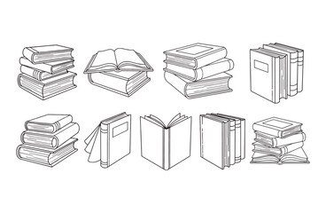 Hand-Drawn Book Illustration Collection - 9 Detailed Vector Line Art Sketches of Stacked Books, Open Pages, and Library Shelves for Authors and Educators