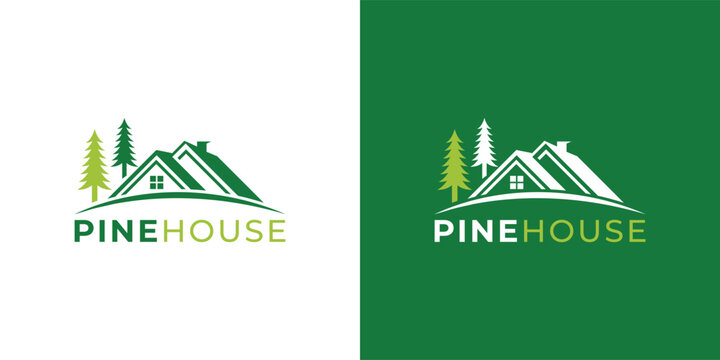 Modern Pine Tree and House Logo Template for Real Estate, Eco Property and Nature Home Branding