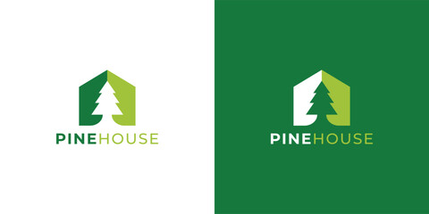 Modern Pine Tree and House Logo Template for Real Estate, Eco Property and Nature Home Branding