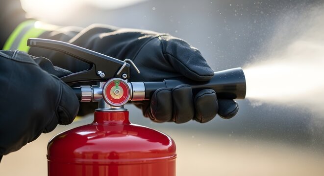 Firefighter Hand Holding Fire Extinguisher Spraying Foam During Emergency Response
