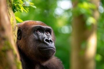Obraz premium Majestic Gorilla Observing Its Natural Surroundings in a Lush Forest