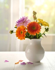 A vibrant floral arrangement in a white vase on a bright white table. Sunlight filters through a nearby window