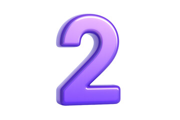 Purple number two character with glossy finish for education counting and mathematical ranking in modern creative design isolated on transparent background
