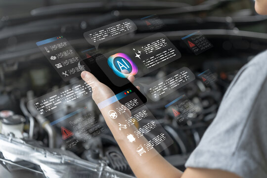 Smart car AI technology concept, Woman using smartphone analyze vehicle problems, Receiving alerts from connected car system, accurate troubleshooting and convenient self-managed vehicle maintenance
