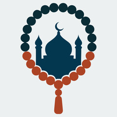 Islamic prayer beads with mosque and crescent symbol for muslim religion
