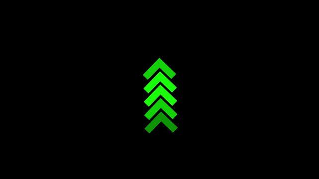 Stylized green fir tree composed of stacked arrow shapes on black.