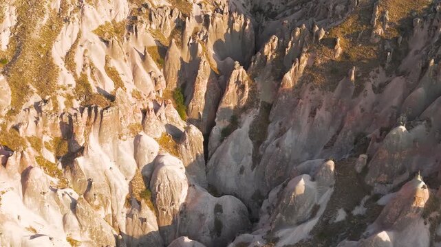 Goreme, Nevsehir, Turkey. Aerial drone panorama of unique fairy chimneys and rock pillars in Pasabag Valley, Goreme National Park. Aerial View