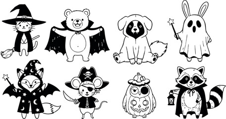 Obraz premium Whimsical kids doodle close up of nine black and white animals in halloween costumes looking at camera playful line art illustration