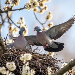 Two pigeons nesting among blossoming branches, one bird spreading its wings, bright sky background