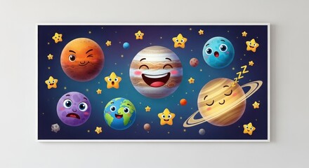 Cartoon Planets in Space with Stars.