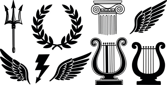 Black and white ancient greek symbols set including laurel wreath, trident, winged lightning bolt, lyre instruments, and ionic column illustration