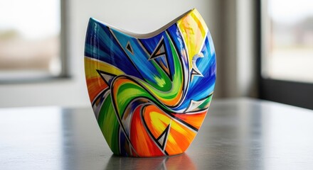 Colorful Abstract Art Vase on Table.