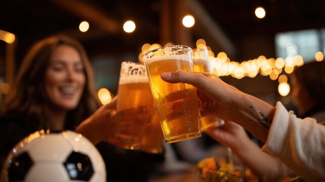 Friends cheering with beer glasses during soccer world cup football event