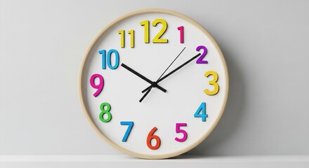 Colorful Clock Displaying Time on White Wall.
