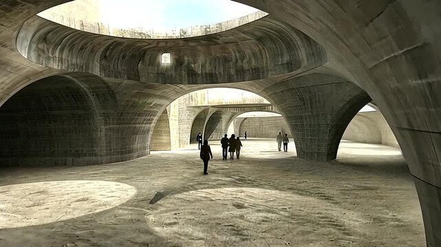 Underground architectural space illuminated by natural sunlight creating a modern tunnel structure