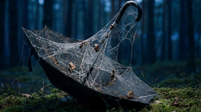 Abandoned umbrella covered in webs deep within a spooky forest setting, eerie atmosphere abandoned, cobwebs.