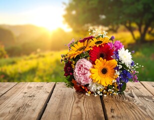 A vibrant floral bouquet rests on a weathered wooden surface, with a blurred natural landscape of golden light