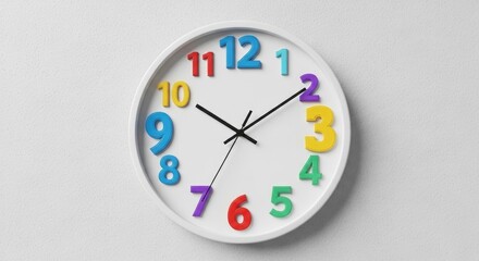 Colorful Clock Showing Time on White Wall.