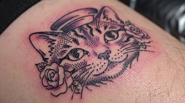 Vintage American Traditional Cat Head Tattoo Design Old School Feline Stencil Applied on Human Skin Surface Artistic Ink Flash Illustration Outline Hand Drawn Retro Aesthetic Pet Portrait