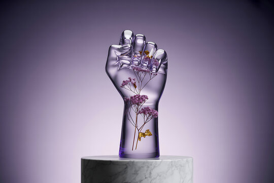 Glass Sculpture of a Clenched Fist with Colorful Flowers Growing Inside