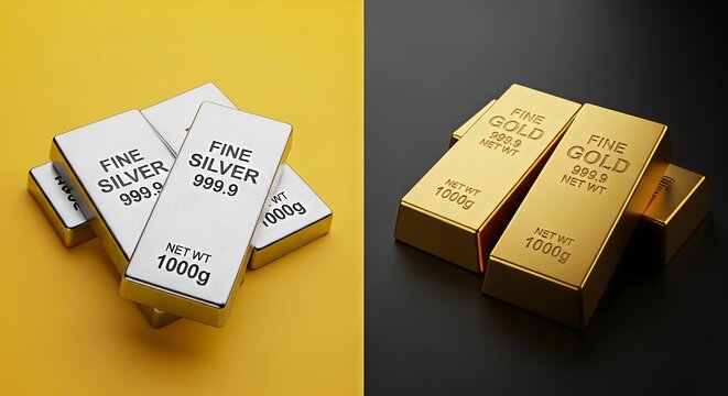 Fine silver and gold 1000g ingots on yellow and black background, 999.9 purity.