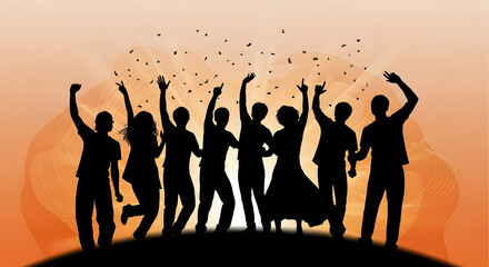 Obraz premium Silhouetted group of people dancing together at a lively sunset party