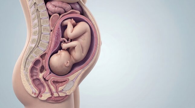 Anatomical illustration showing a cross-section of a pregnant human uterus with a fetus in the third trimester.