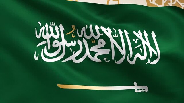 Majestic green Islamic flag featuring the sacred white Shahada script calligraphy representing the profession of faith, symbol of Muslim religion fluttering in high definition cinematic detail