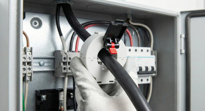 Electrician installing current transformer sensor on electrical cable