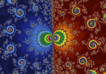 Symmetrical abstract fractal patterns that merge in the center of the design