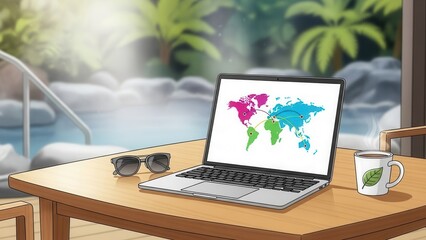 Fototapeta premium Enjoying a tranquil remote work setup in a tropical paradise with global connectivity options