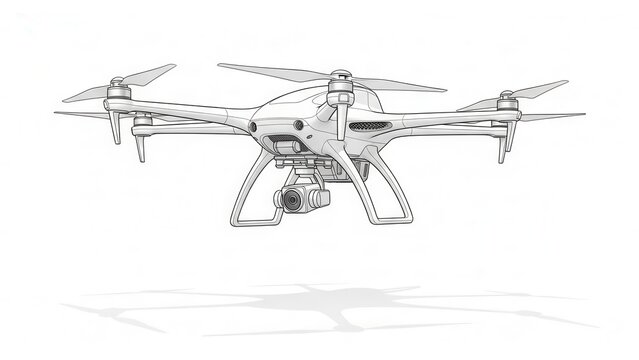 Sophisticated line art illustration of a modern quadcopter drone with integrated camera system for