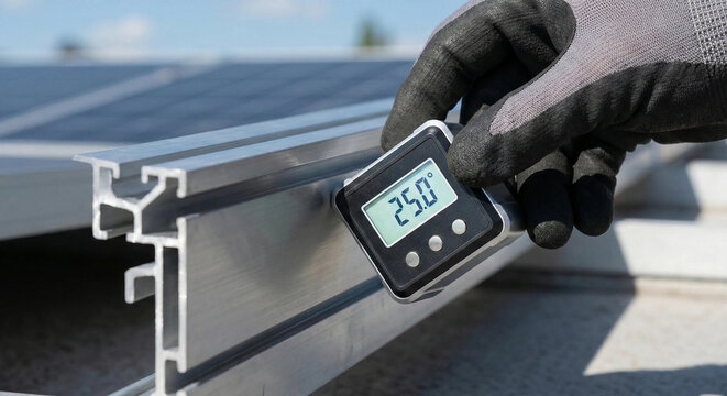 Worker using digital inclinometer to measure angle of solar mounting rail