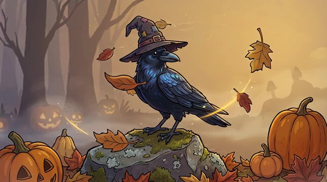 Whimsical witchy crow with pumpkins and falling leaves, autumnal halloween forest crow raven, witch hat.