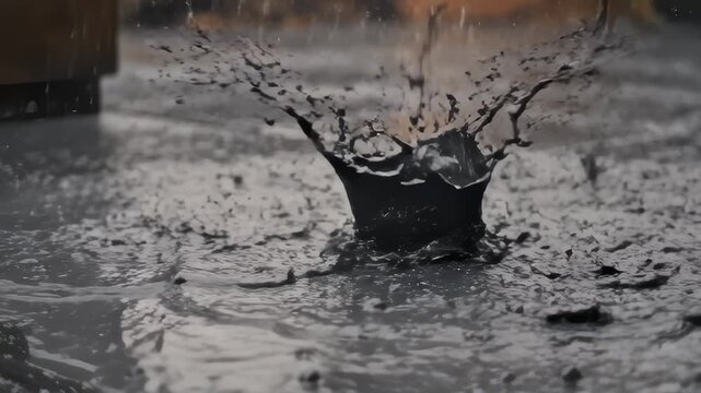Rain Drops Splashing on Muddy Pavement During a Rainy Day